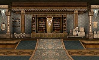 Ellia Hall interior facing its decorated shelves and central banner