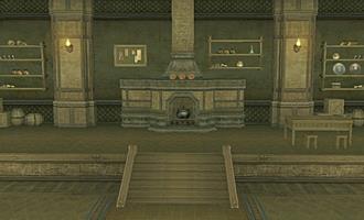 Orchid Hall interior facing its central hearth and raised platform